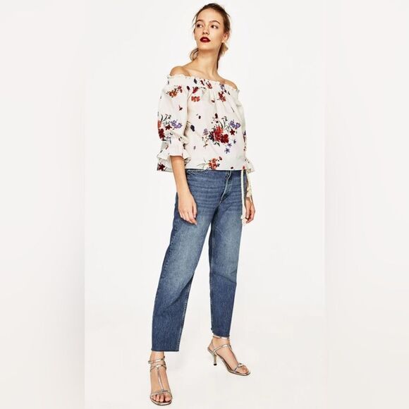 ZARA XS White Blue Vercial Stripe Floral Two Way Quarter Sl On Off Shoulder Top - Picture 2 of 10